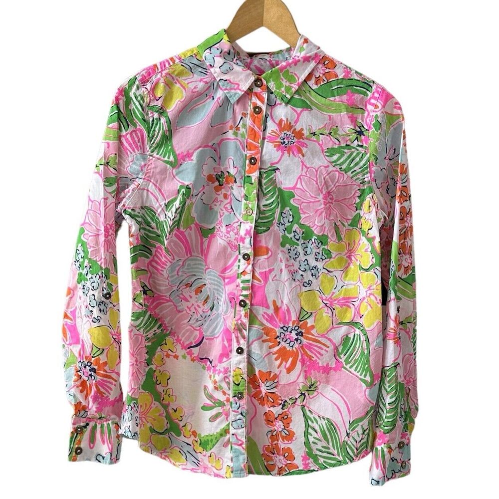 Lilly Pulitzer Target Floral Collared Long Sleeve Button Cotton Blouse Small/P